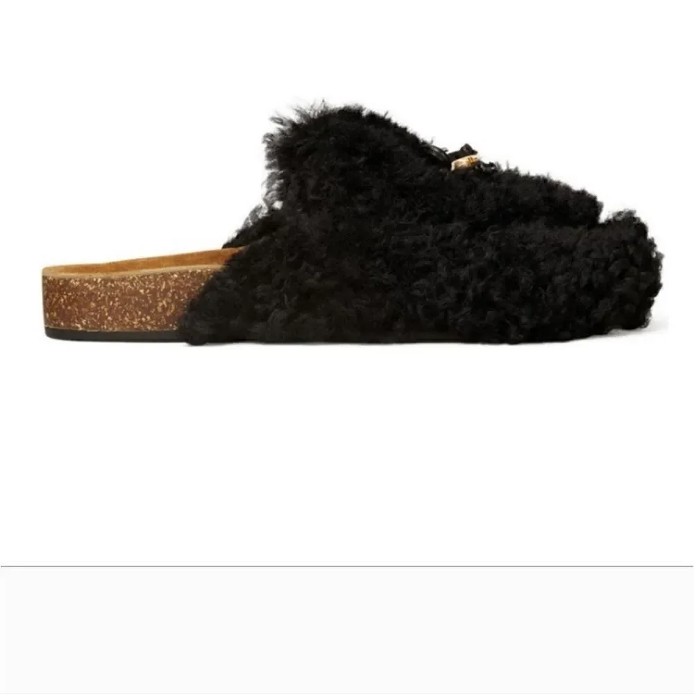 Tory Burch Charm Mammouth Shearling Mules Shoes Perfect Black Size 6